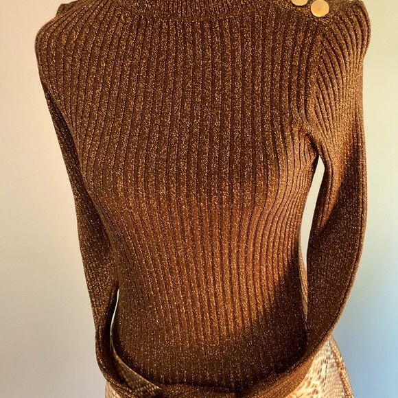 INC Copper Brown Metallic Rib Knit Sweater with Gold Shoulder Buttons NWT - Picture 8 of 16